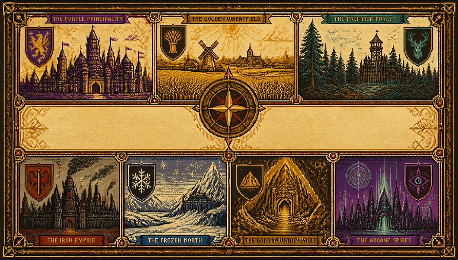 Illuminated manuscript map of Wildcrest and its four realms